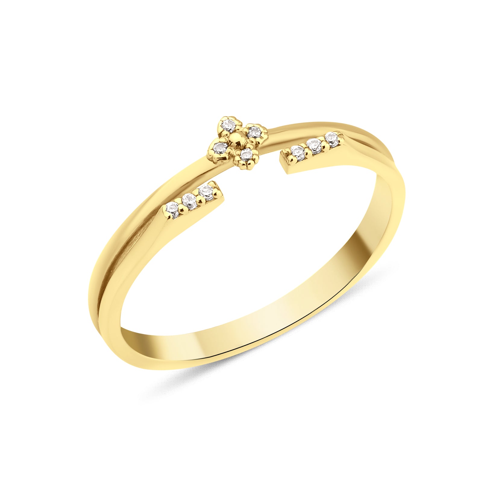 yellow gold open ring with a four-petal blossom motif and pave White CZ stones on white background
