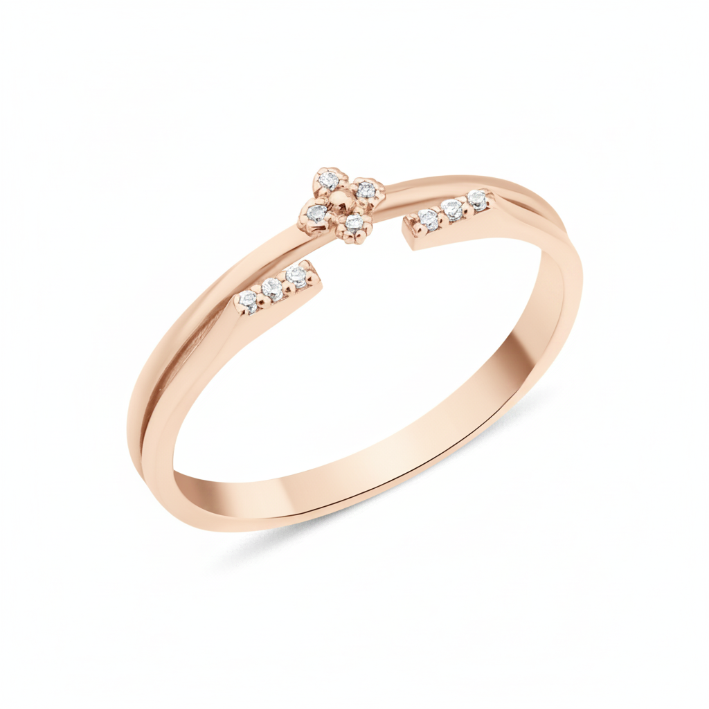 rose gold open ring with a four-petal blossom motif and pave White CZ stones on white background