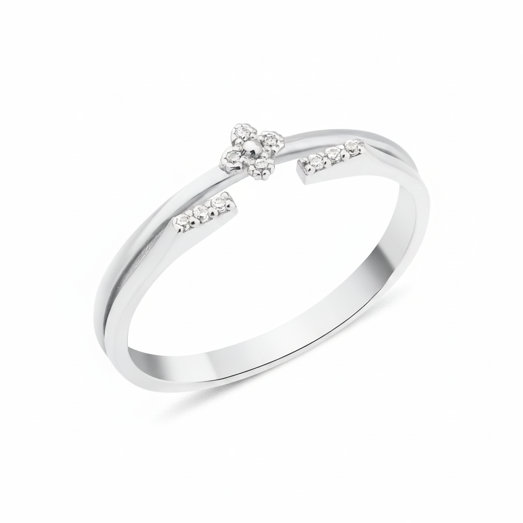 white gold open ring with a four-petal blossom motif and pave White CZ stones on white background