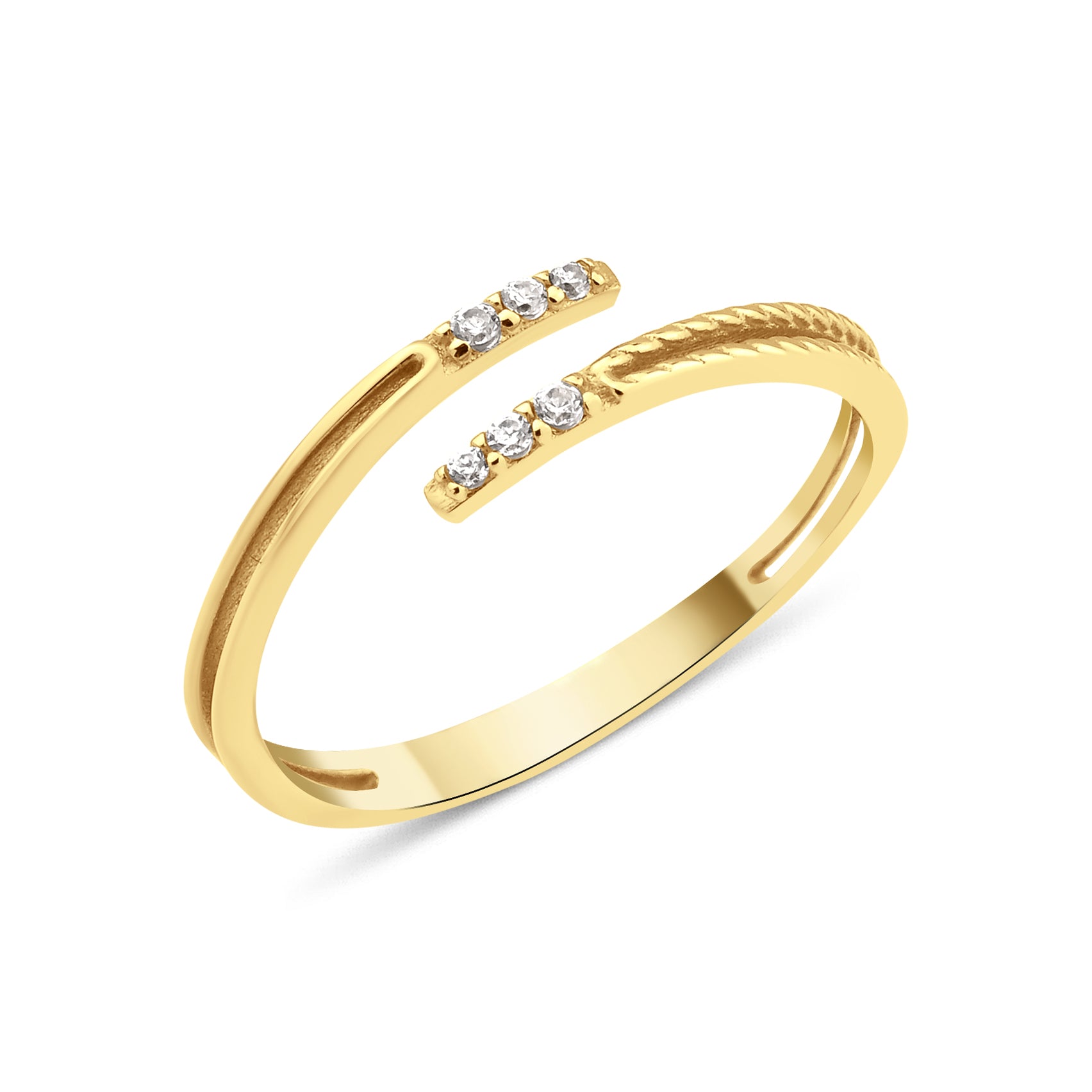 yellow gold open wrap ring with textured and smooth bands finished with White CZ stones on white background