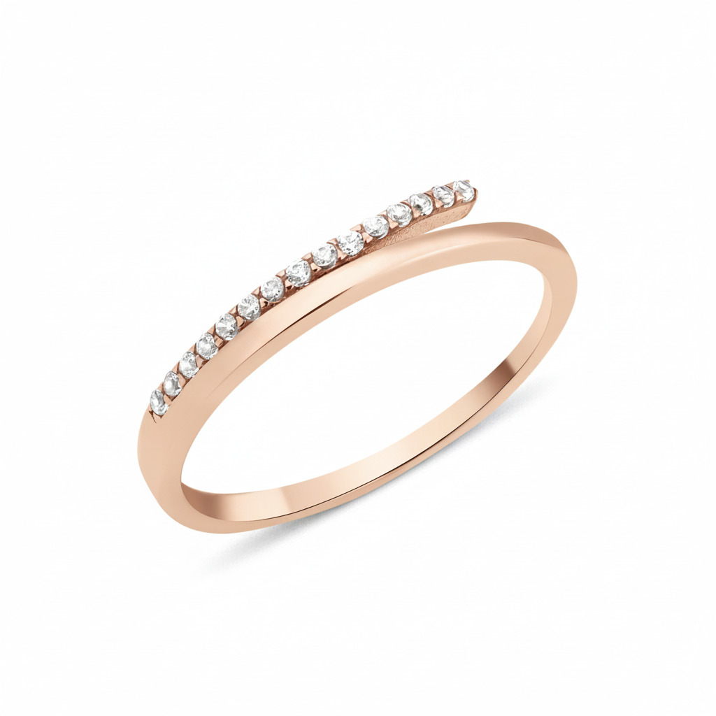 rose gold ring with an elevated linear row of White CZ stones on white background