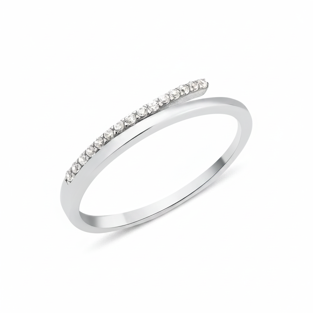 white gold ring with an elevated linear row of White CZ stones on white background