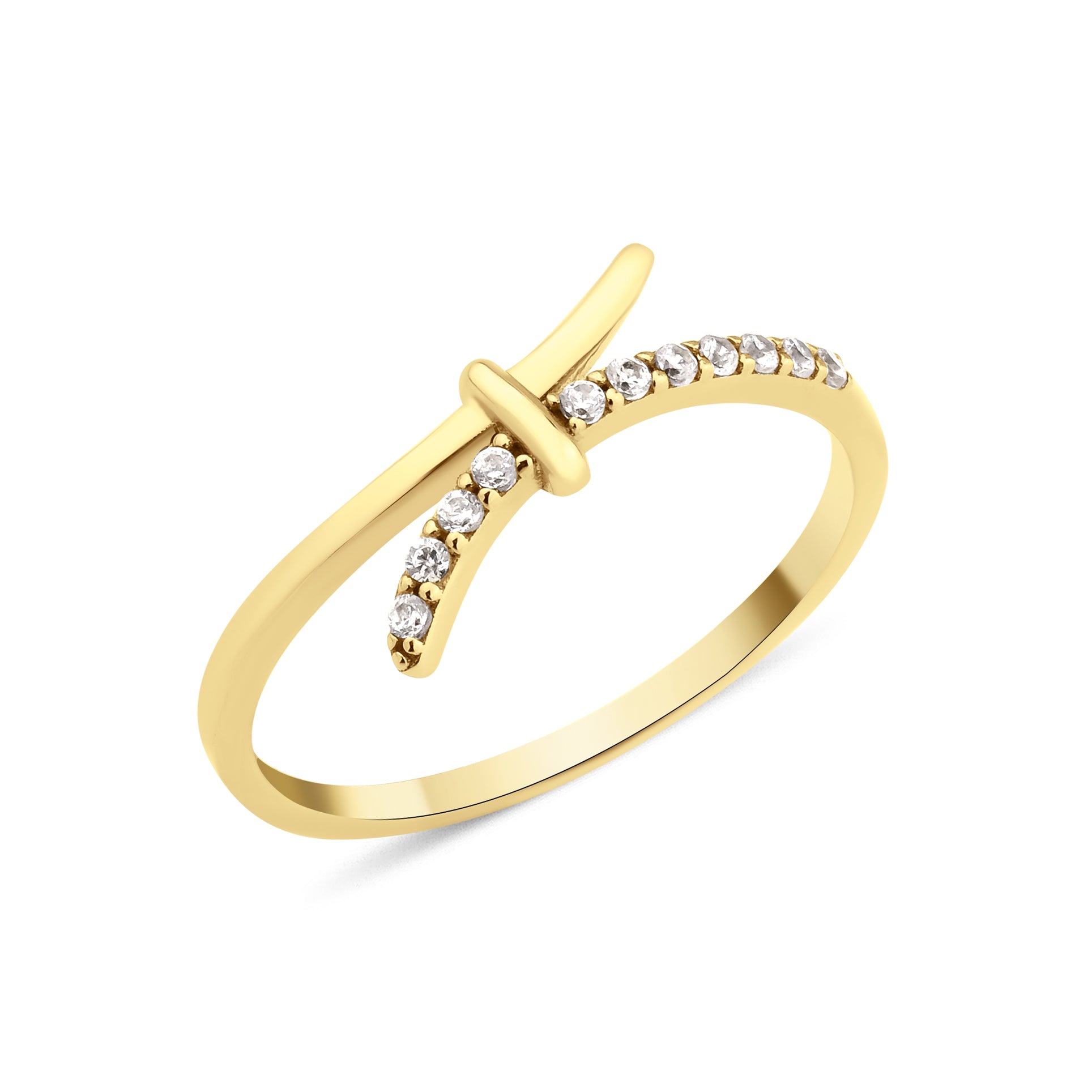 yellow gold crossover ring with a smooth band and a pave White CZ band joined by a central bar on white background