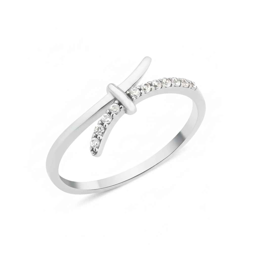 white gold crossover ring with a smooth band and a pave White CZ band joined by a central bar on white background