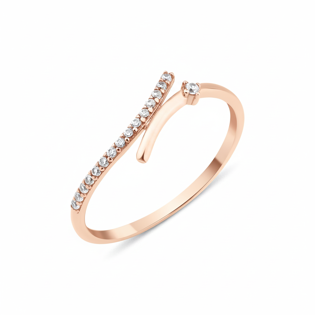 rose gold open wrap ring with a diagonal pave bar and a single round stone on white background