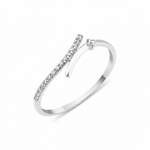 white gold open wrap ring with a diagonal pave bar and a single round stone on white background