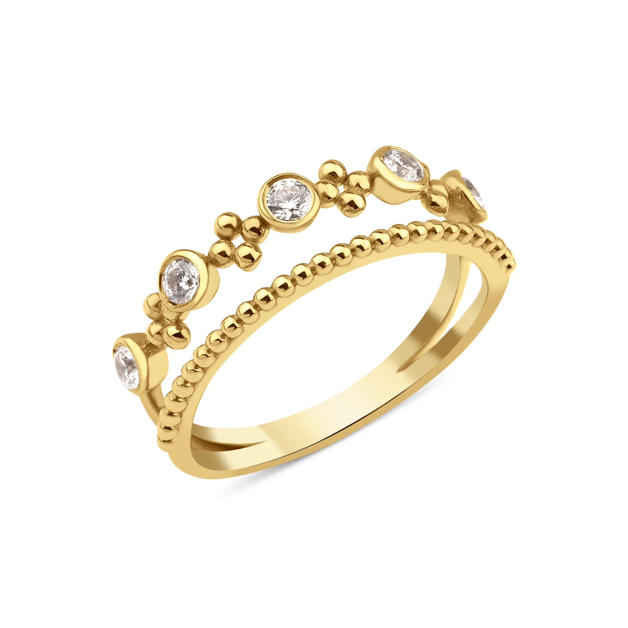 yellow gold double-band ring with a beaded strand, bezel-set stones, and polished gold spheres on white background