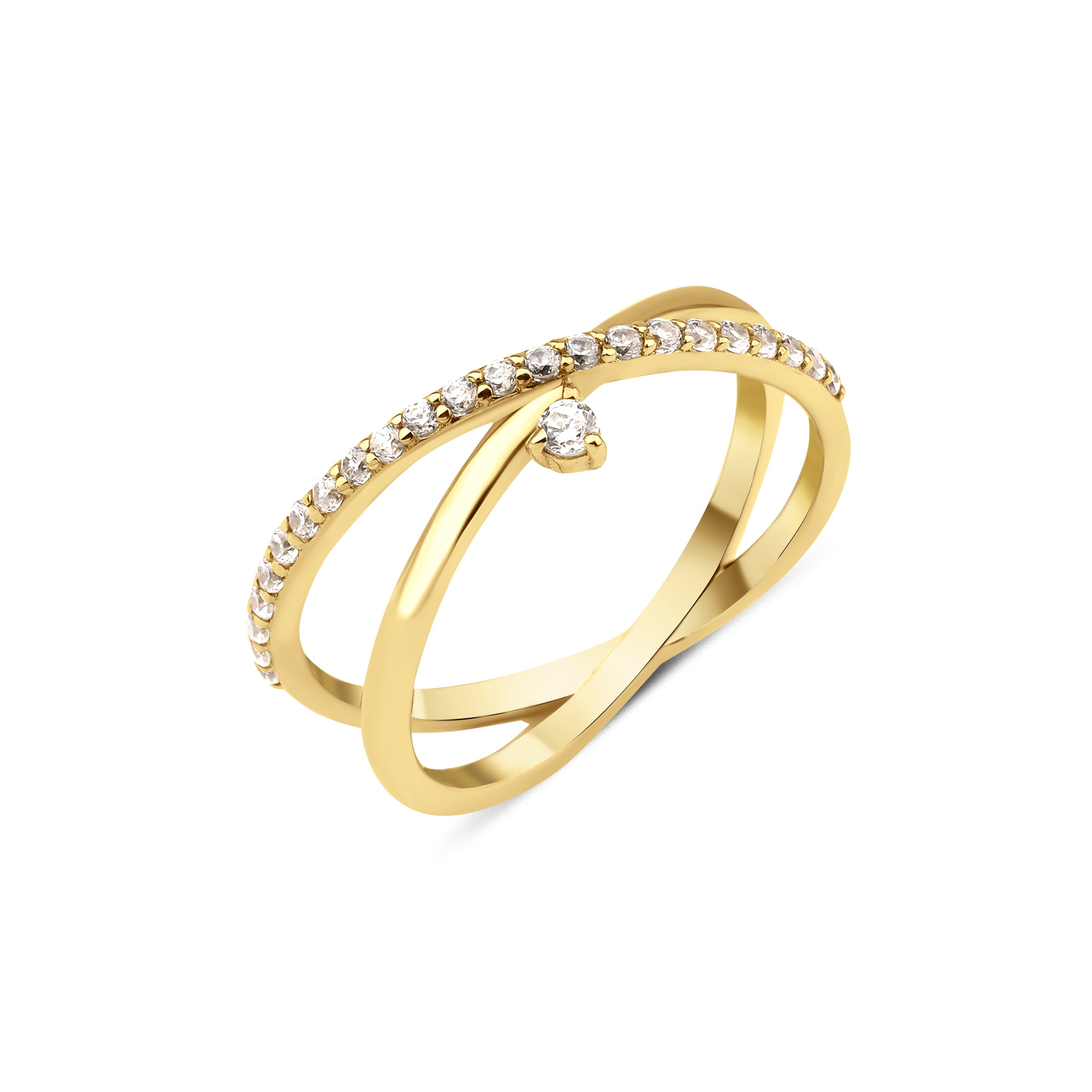 yellow gold crossover ring with a paved band and a single suspended clear stone on white background