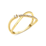 yellow gold open crossover ring with a paved arch and a single solitaire stone on white background