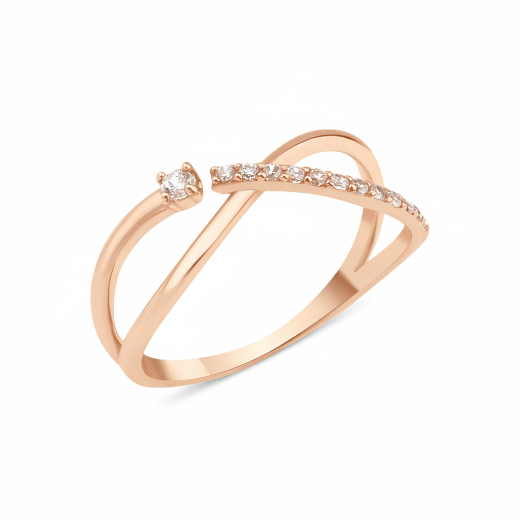 rose gold open crossover ring with a paved arch and a single solitaire stone on white background