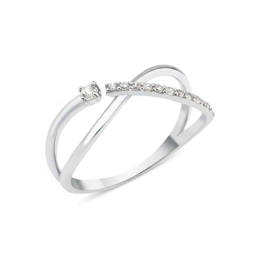 white gold open crossover ring with a paved arch and a single solitaire stone on white background