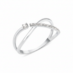 white gold open crossover ring with a paved arch and a single solitaire stone on white background