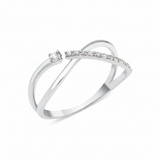 white gold open crossover ring with a paved arch and a single solitaire stone on white background