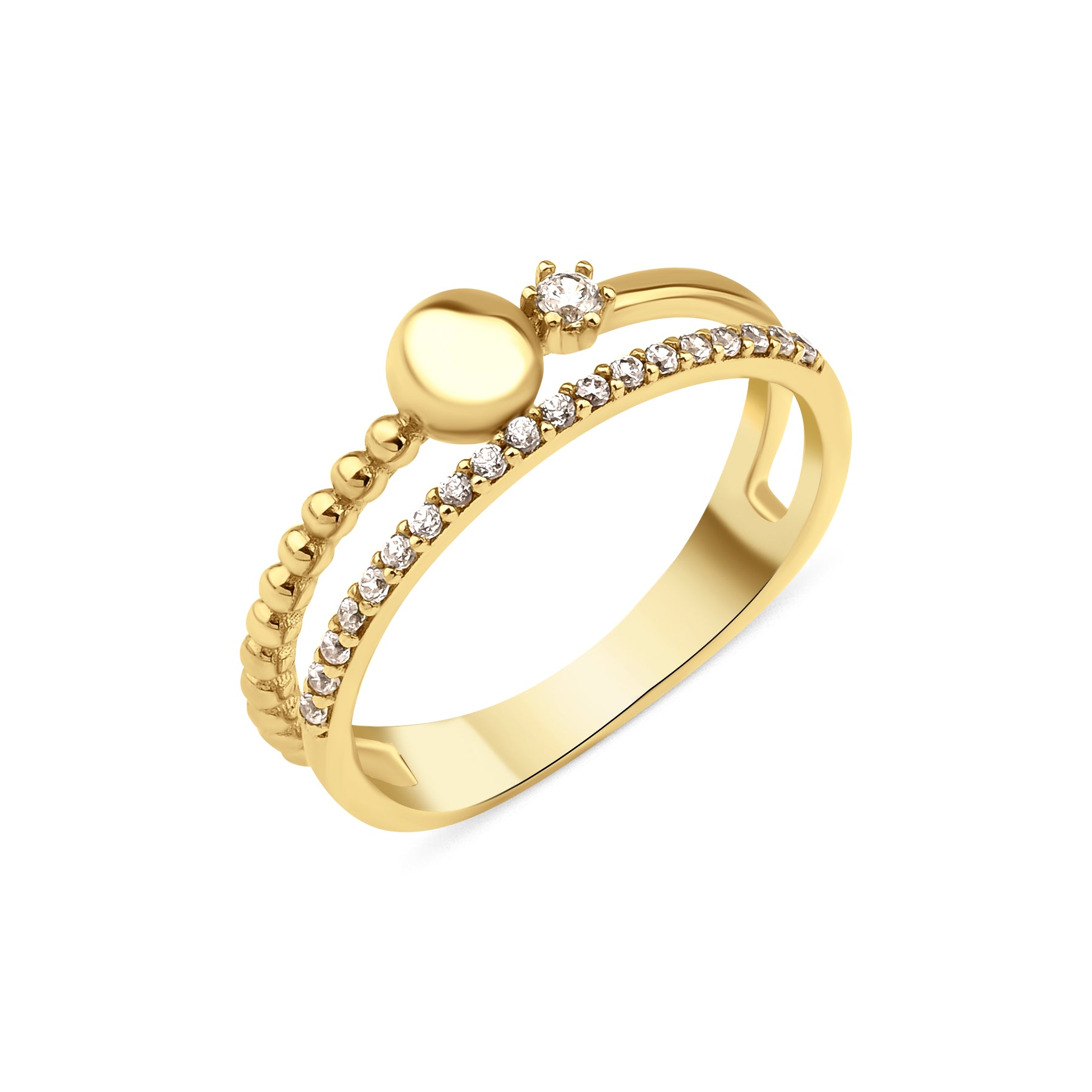 yellow gold double-band ring with pave stones, a beaded band, and a polished gold sphere on white background
