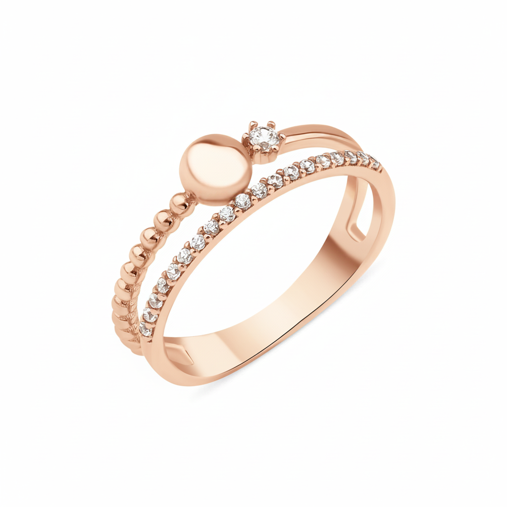 rose gold double-band ring with pave stones, a beaded band, and a polished gold sphere on white background