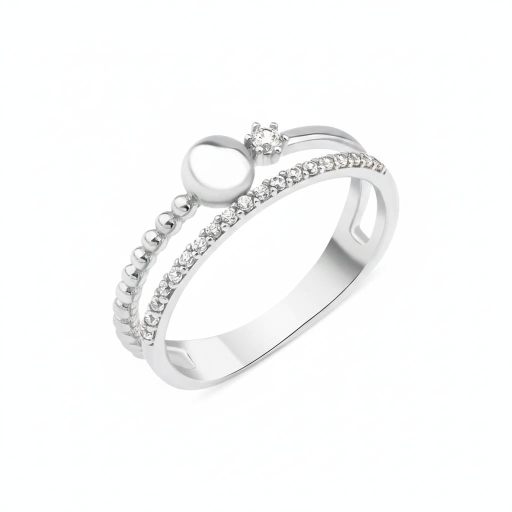 white gold double-band ring with pave stones, a beaded band, and a polished gold sphere on white background