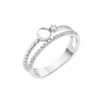 white gold double-band ring with pave stones, a beaded band, and a polished gold sphere on white background