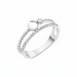 white gold double-band ring with pave stones, a beaded band, and a polished gold sphere on white background