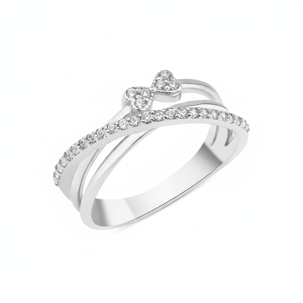 white gold crossover ring with a pave strand and twin heart motifs set with clear stones on white background