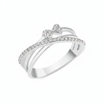 white gold crossover ring with a pave strand and twin heart motifs set with clear stones on white background