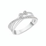 white gold crossover ring with a pave strand and twin heart motifs set with clear stones on white background