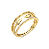 yellow gold multi-strand ring with beaded, pave, and cone-tipped bands on white background