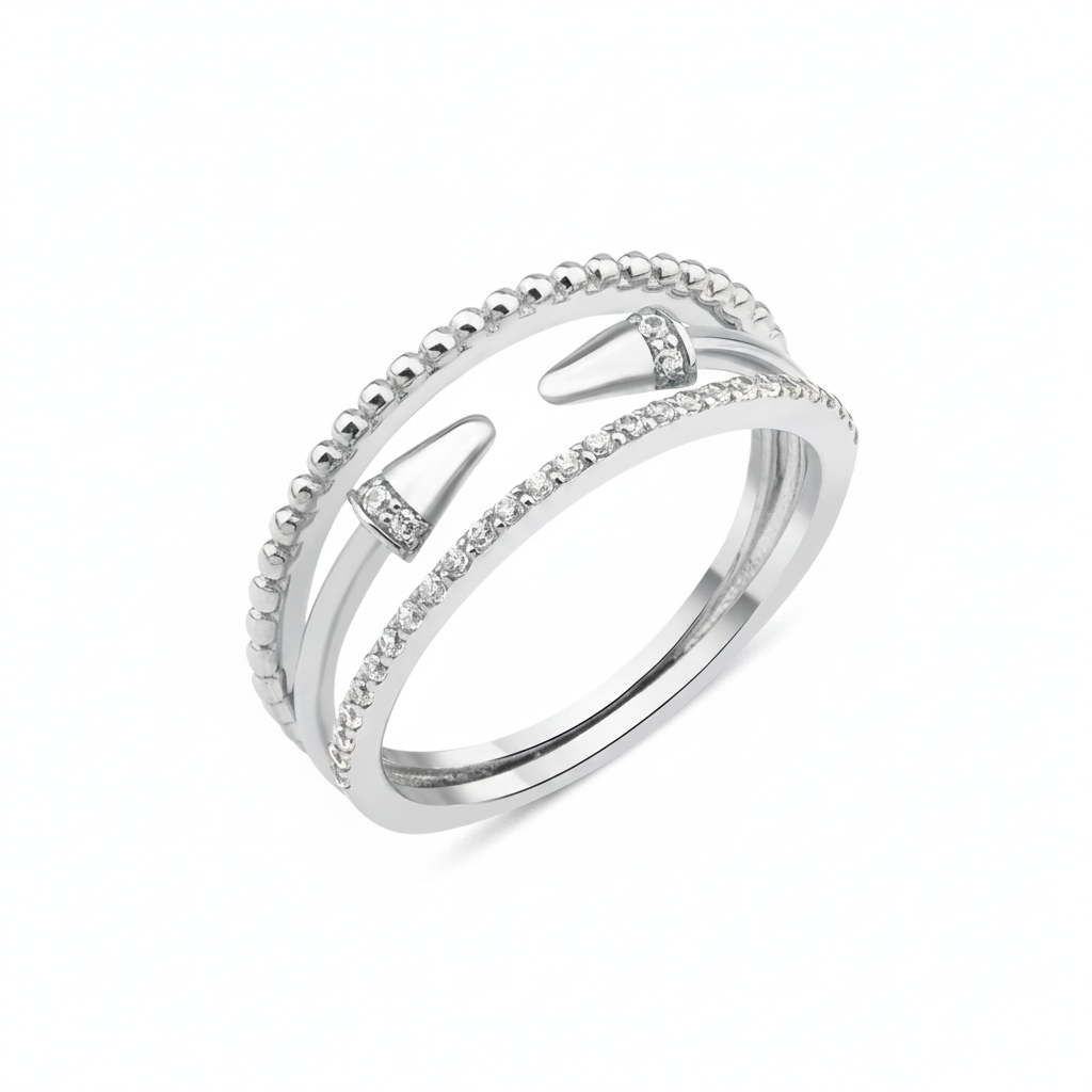 white gold multi-strand ring with beaded, pave, and cone-tipped bands on white background