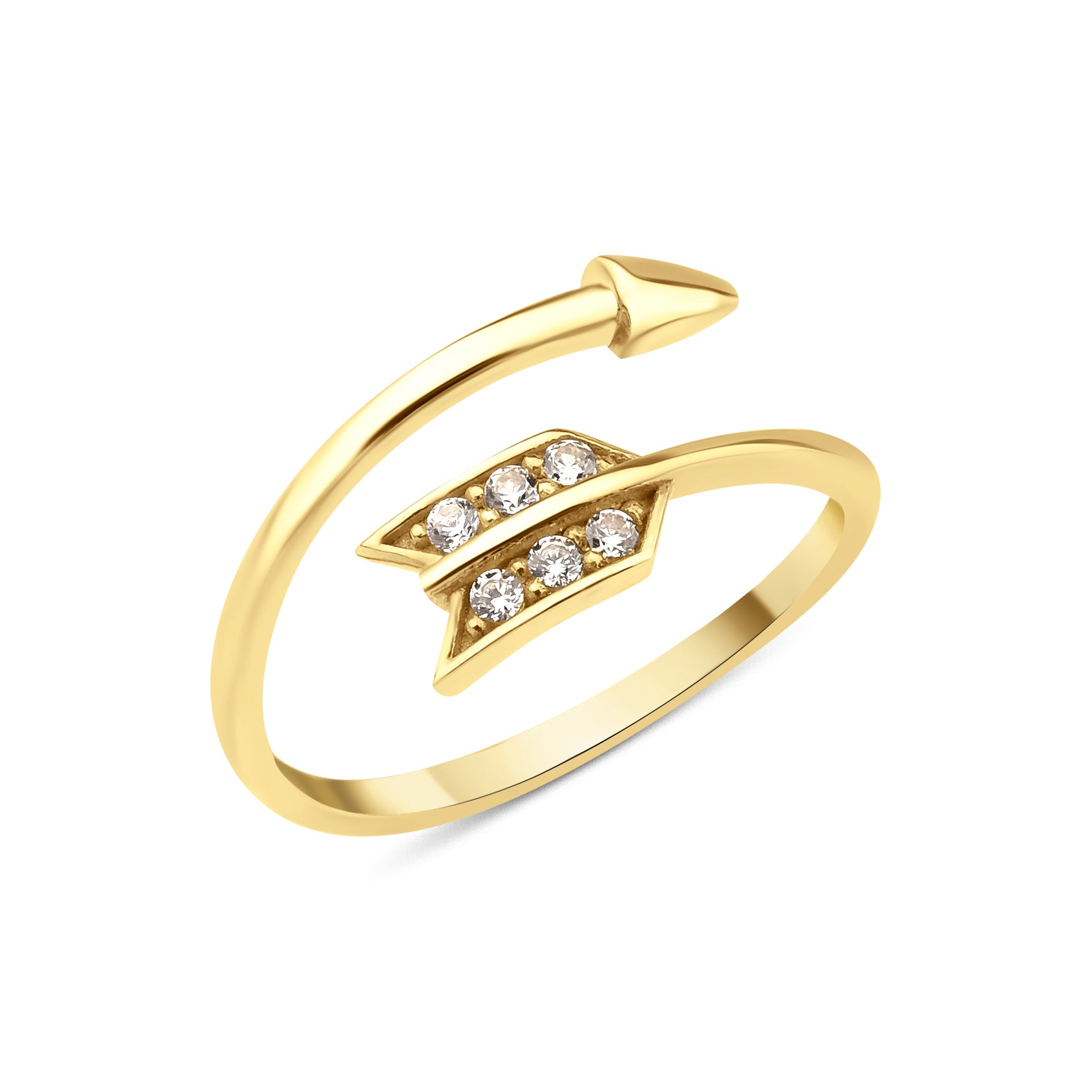 yellow gold arrow-shaped open ring with a pave chevron fletching on white background