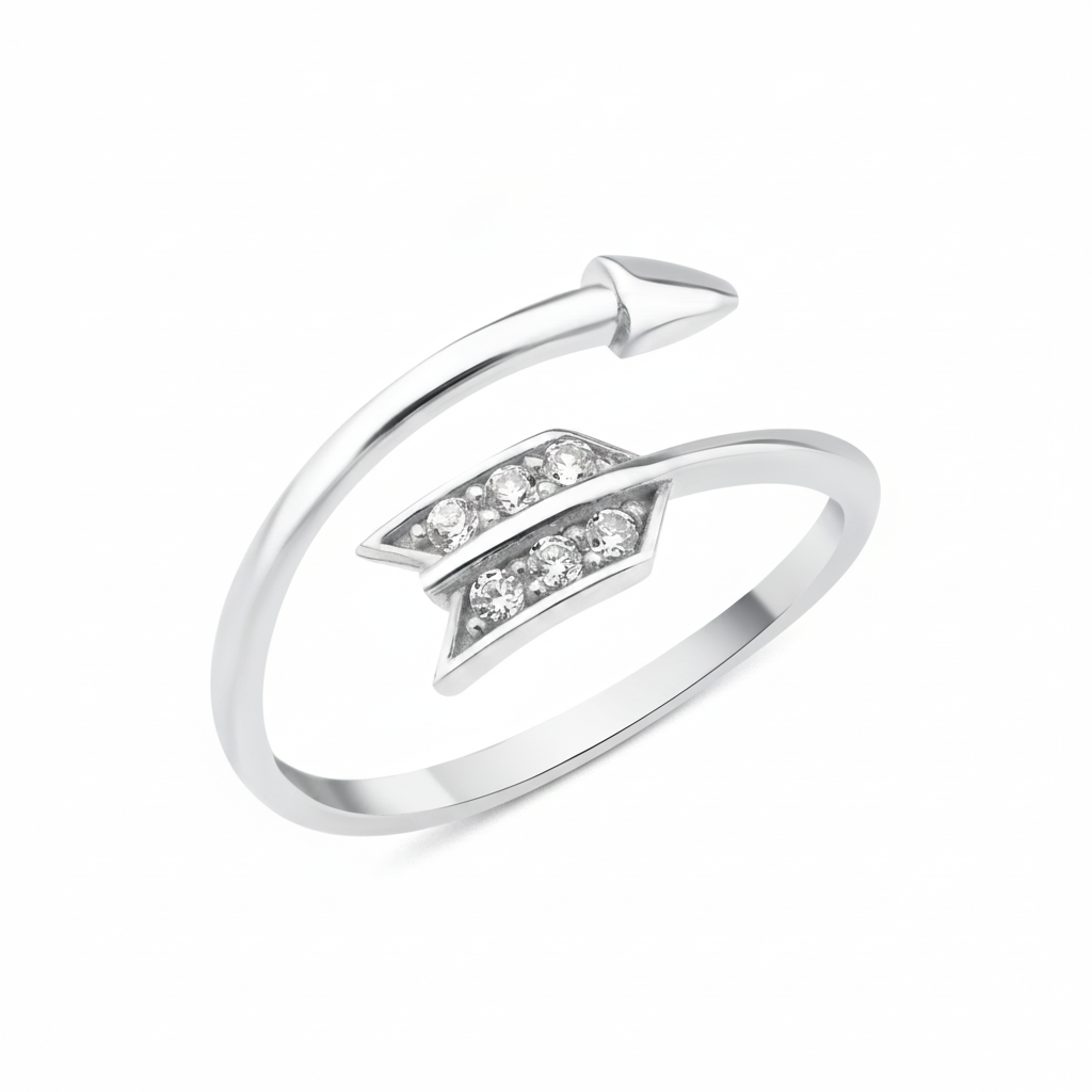 white gold arrow-shaped open ring with a pave chevron fletching on white background