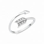 white gold arrow-shaped open ring with a pave chevron fletching on white background