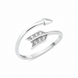 white gold arrow-shaped open ring with a pave chevron fletching on white background