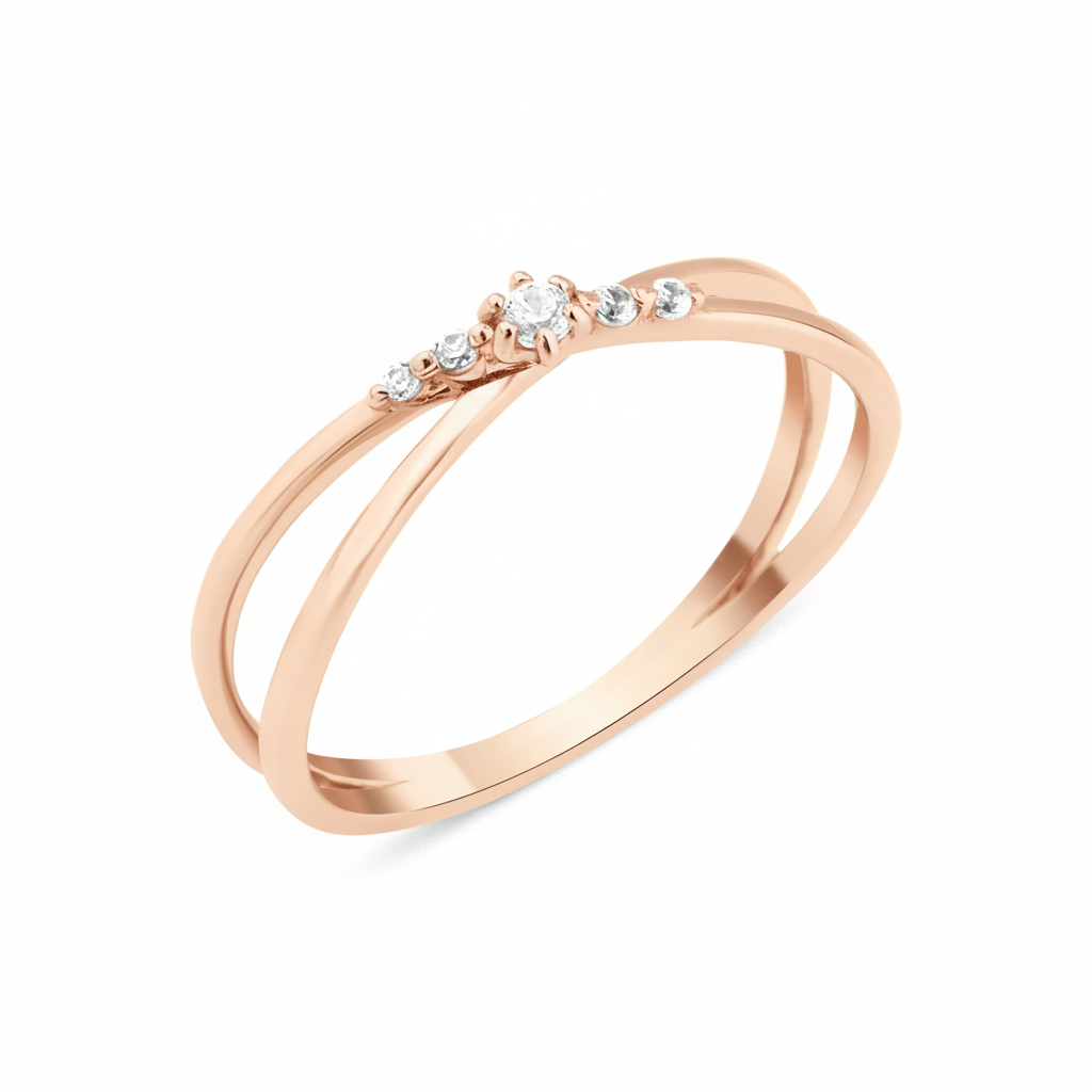 rose gold double-band ring crowned with five graduated White CZ stones on white background