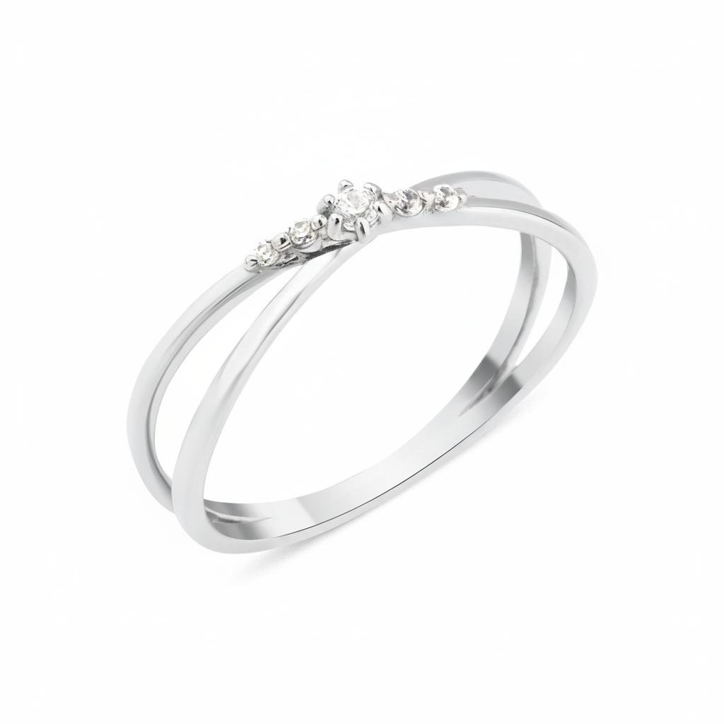white gold double-band ring crowned with five graduated White CZ stones on white background