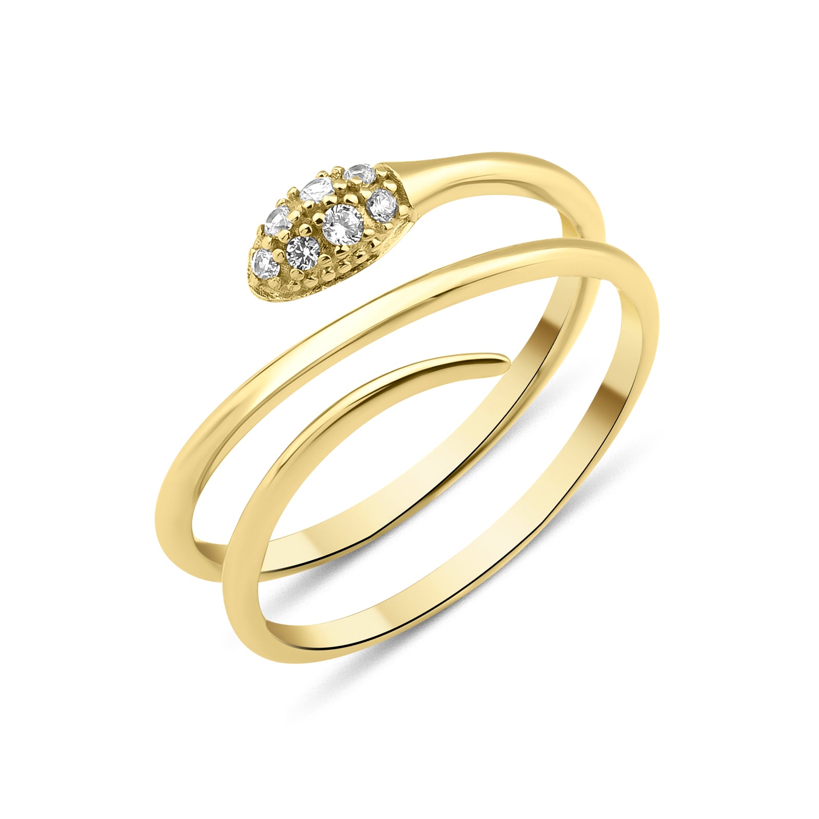 yellow gold coiled serpentine ring with a stone-set tapered head on white background