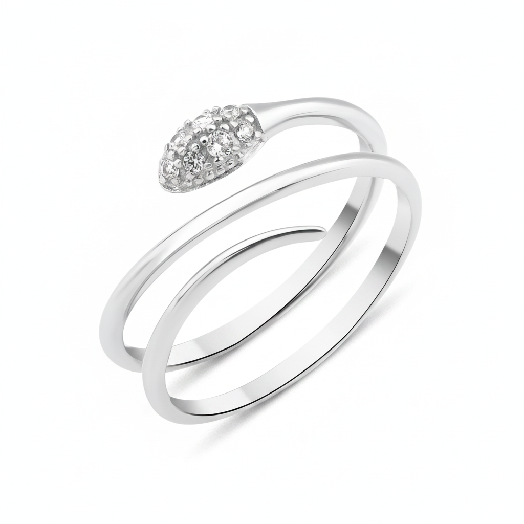 white gold coiled serpentine ring with a stone-set tapered head on white background