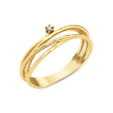 yellow gold ring with three organic woven strands and a single prong-set stone on white background