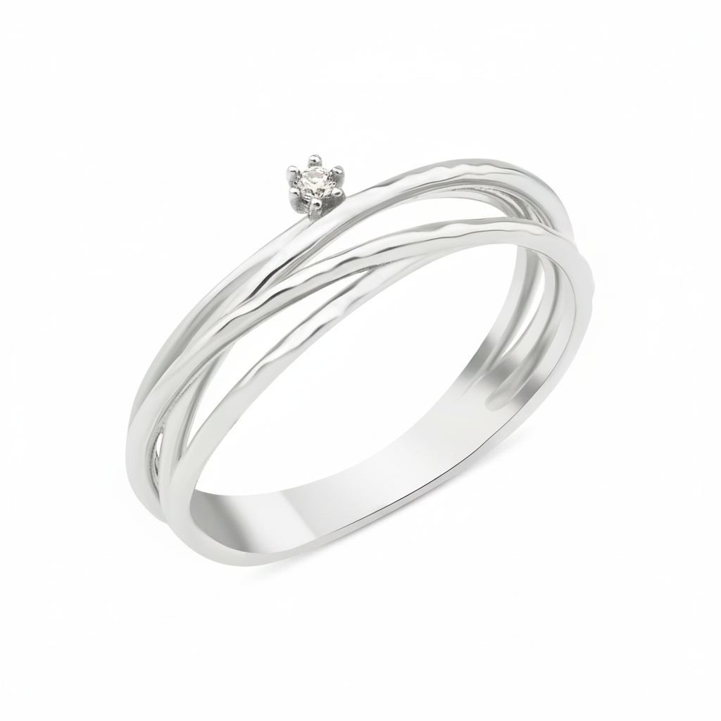 white gold ring with three organic woven strands and a single prong-set stone on white background