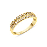 yellow gold double-row ring with geometric stone frames and a pave band on white background