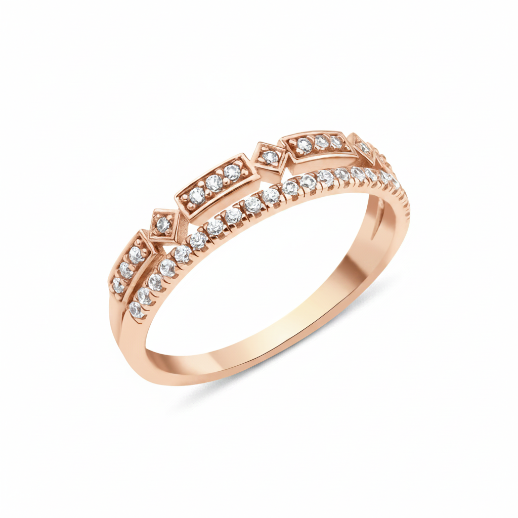 rose gold double-row ring with geometric stone frames and a pave band on white background