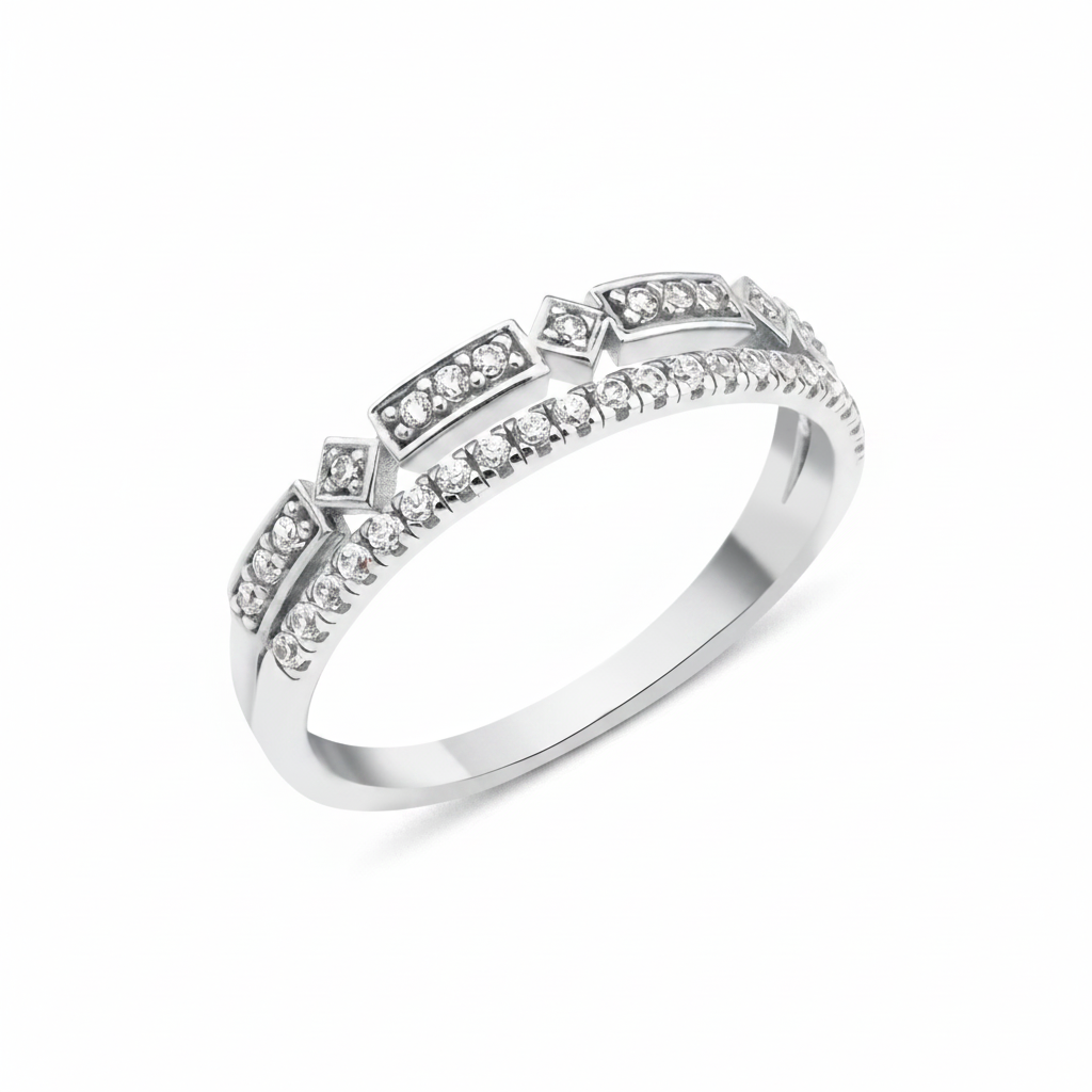 white gold double-row ring with geometric stone frames and a pave band on white background