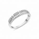 white gold double-row ring with geometric stone frames and a pave band on white background