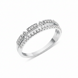 white gold double-row ring with geometric stone frames and a pave band on white background