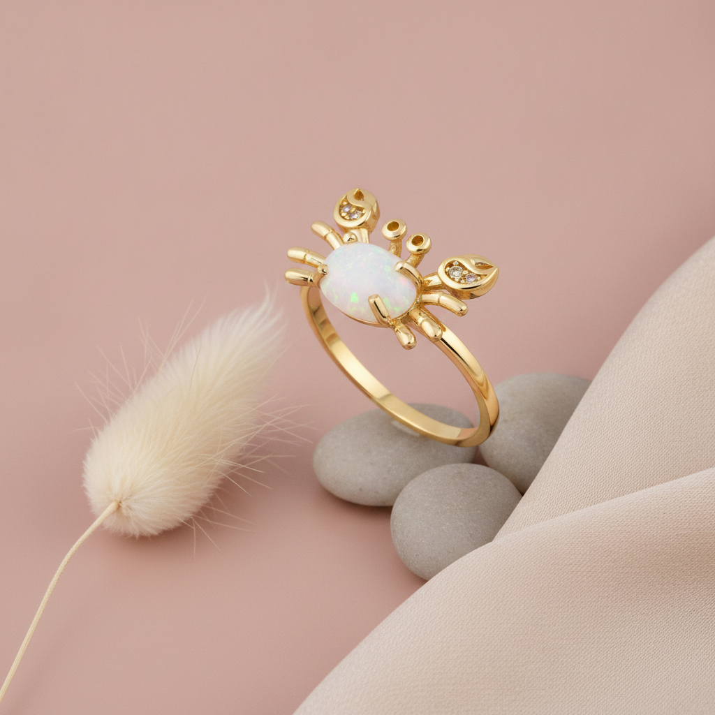 gold crab ring with an iridescent white stone and clear accents, styled with a feathery dried plant and stones on a blush background