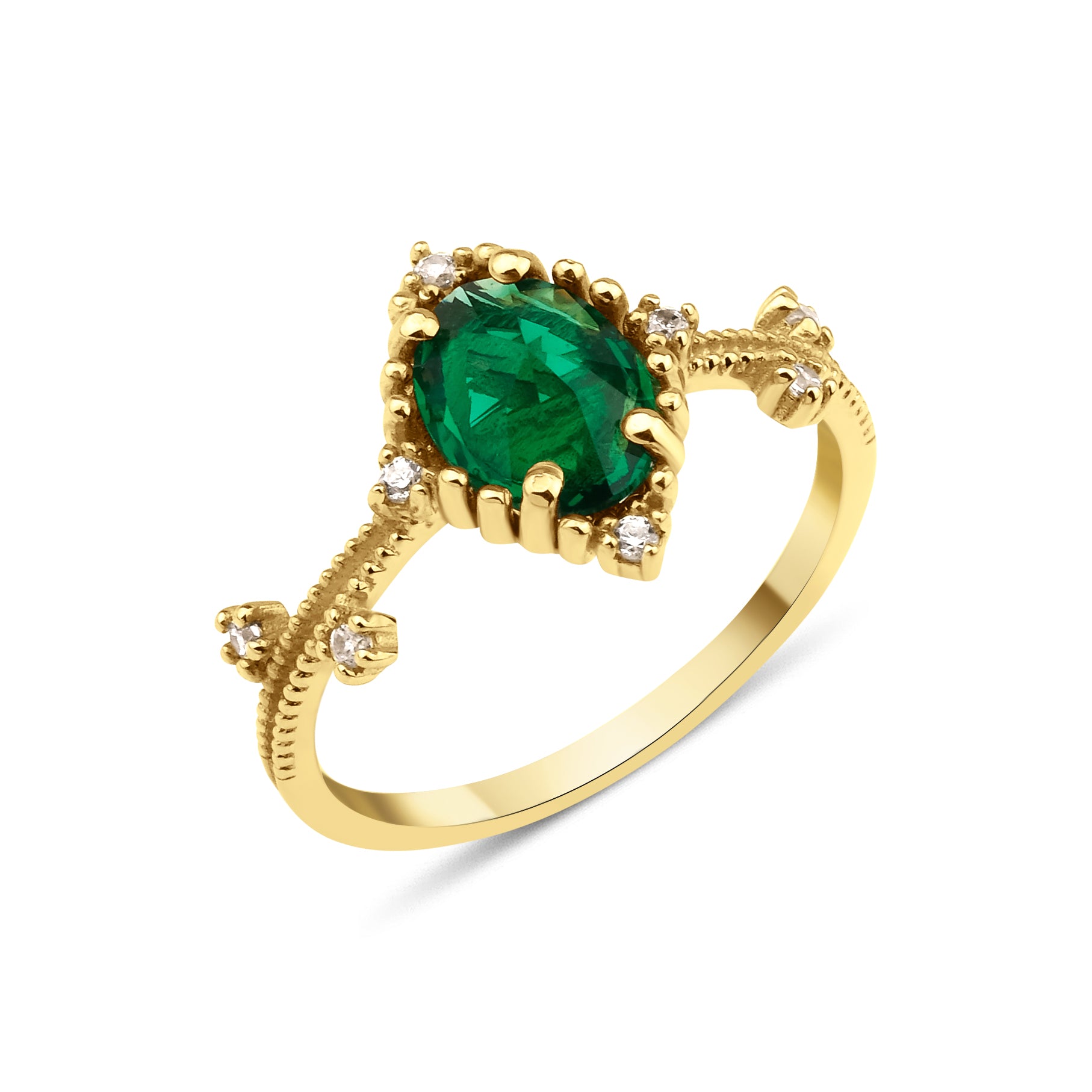 yellow gold ring with an oval green stone and White CZ accents on a beaded band on white background