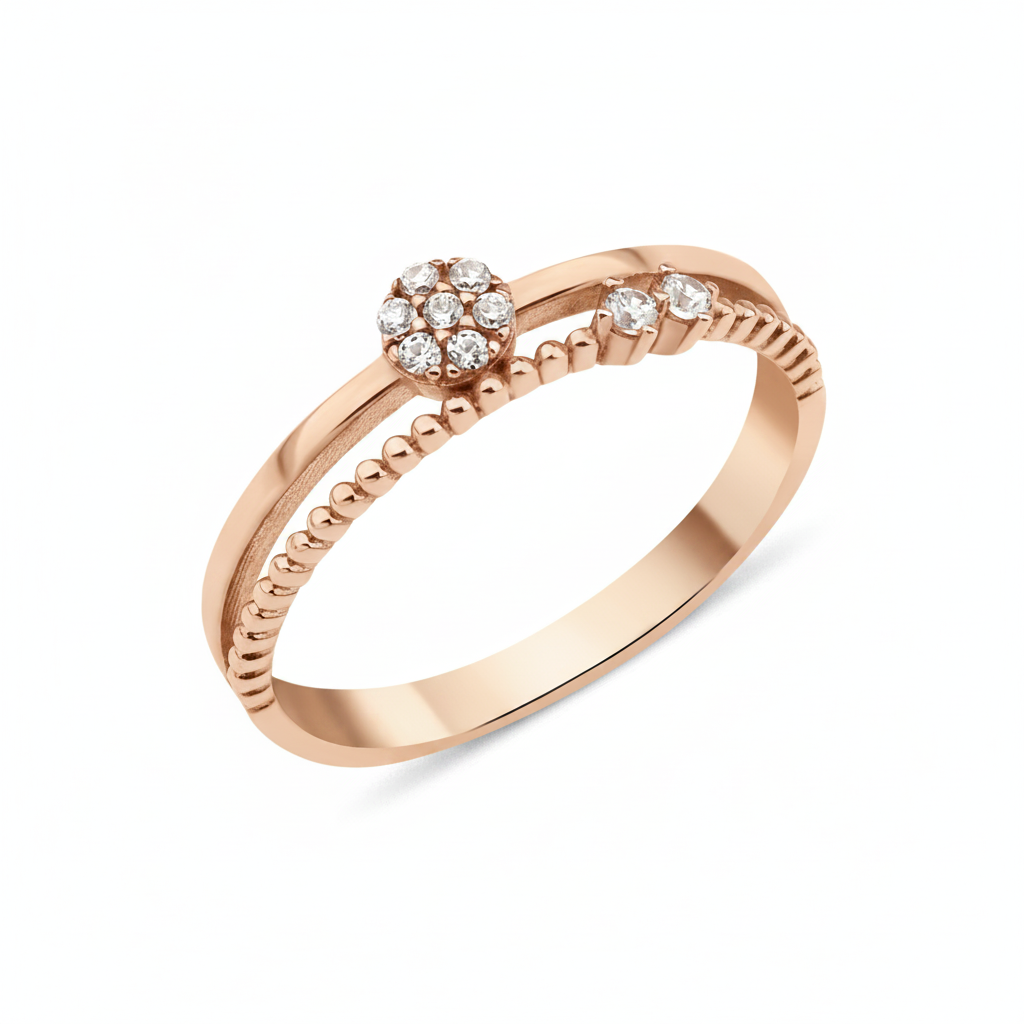 rose gold dual-band ring with a floral cluster of White CZ stones on white background