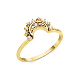 yellow gold ring with a crescent crown of White CZ stones on white background