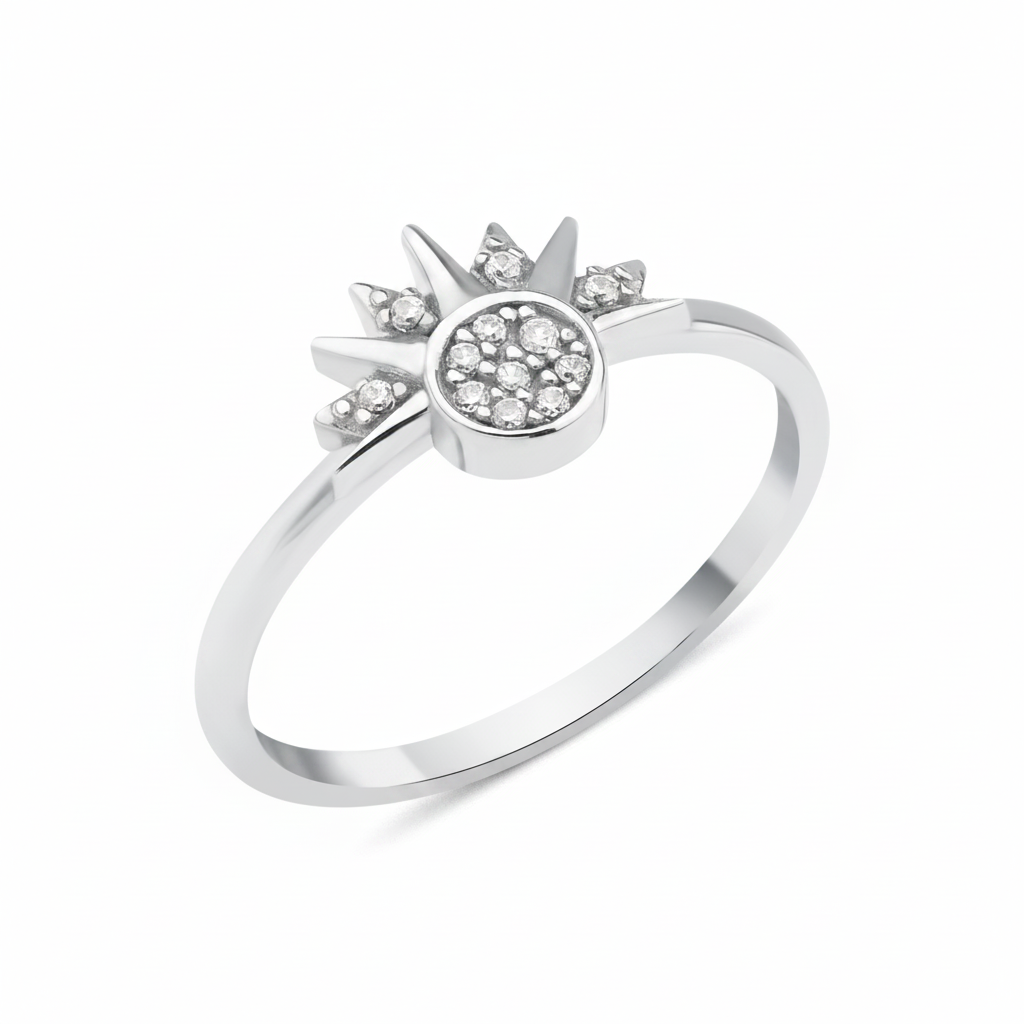 white gold sunburst ring with a pave stone cluster and radiant rays on white background