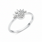 white gold sunburst ring with a pave stone cluster and radiant rays on white background