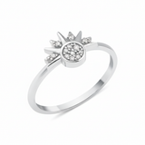 white gold sunburst ring with a pave stone cluster and radiant rays on white background
