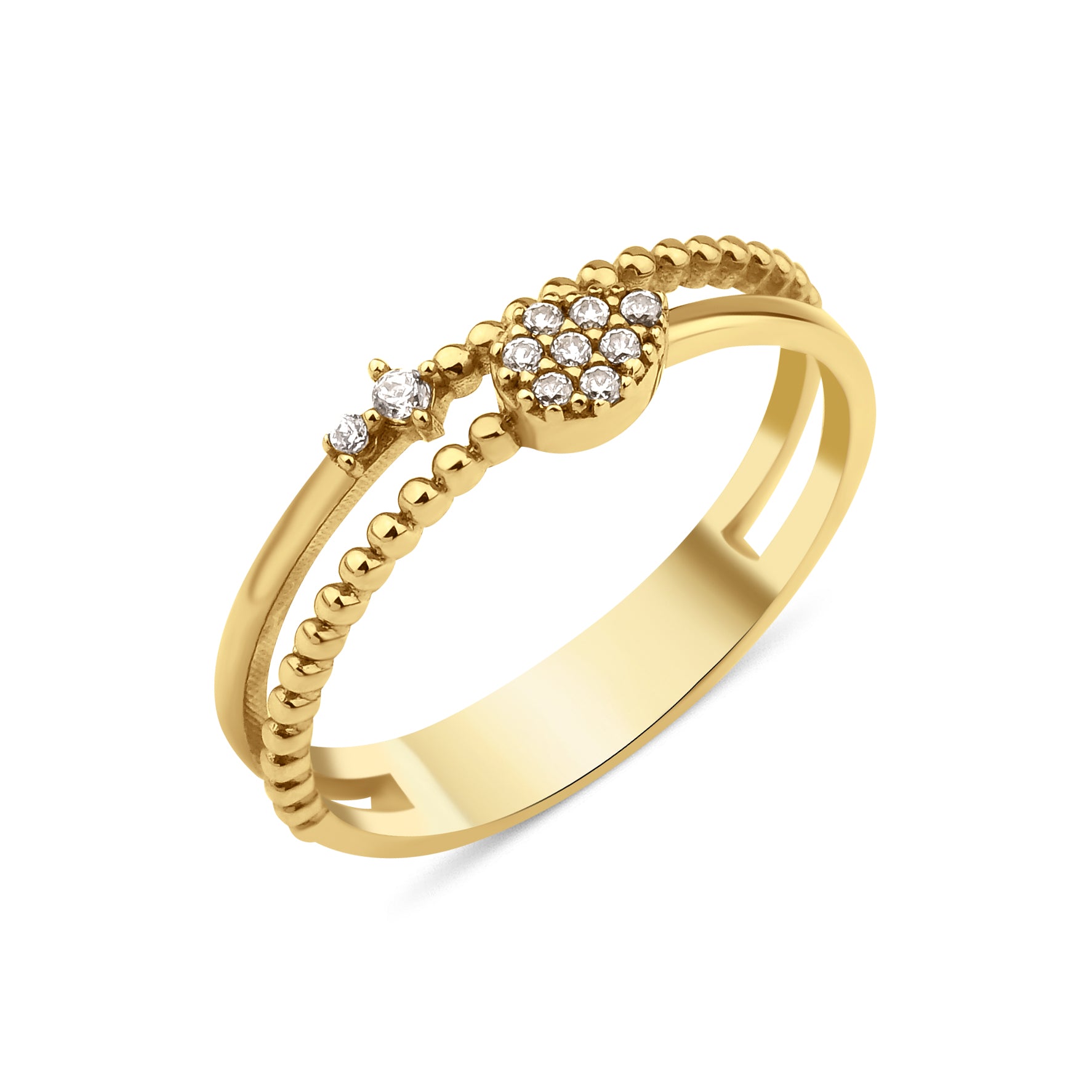 yellow gold dual-band ring with a pave heart motif and accent stones on white background